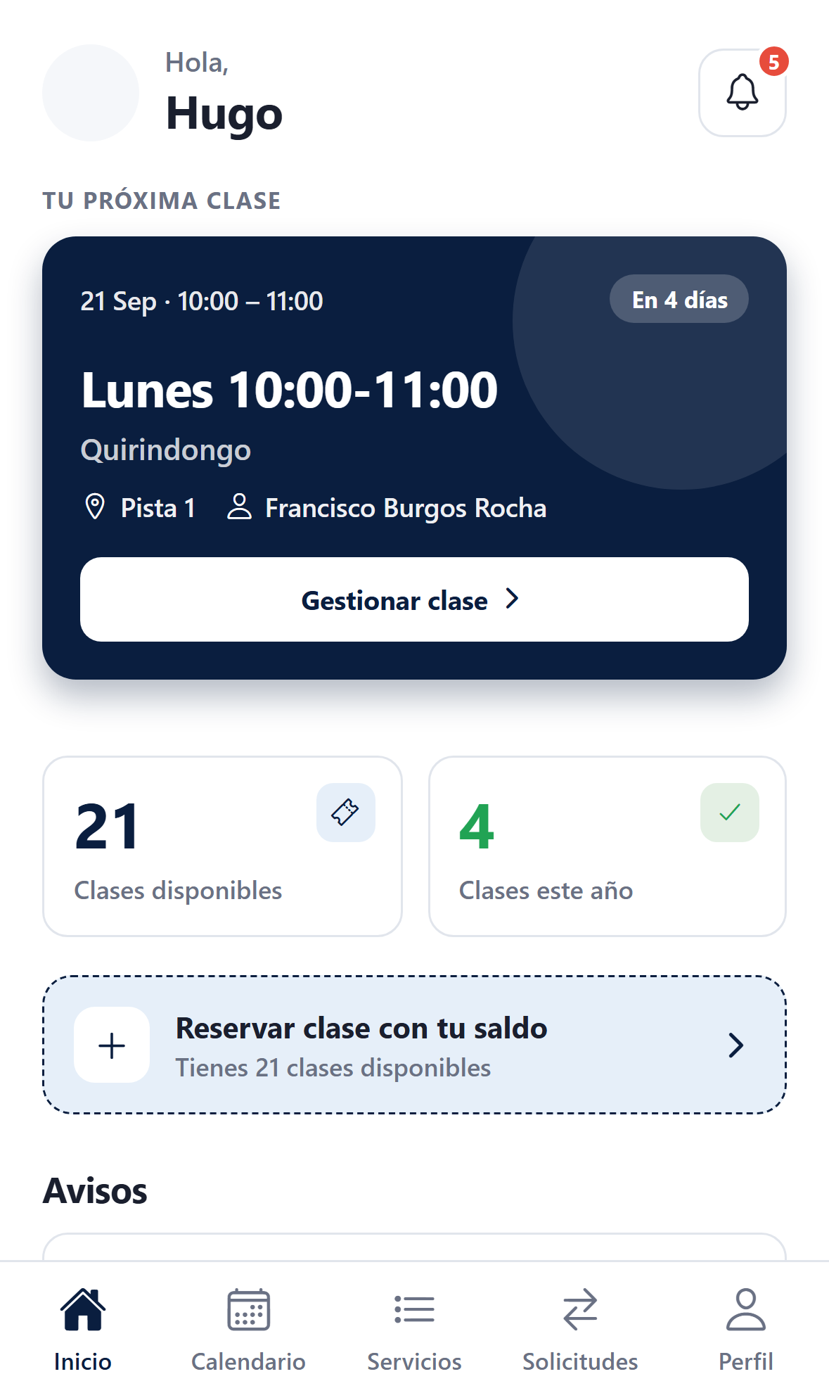 Panel principal de la app