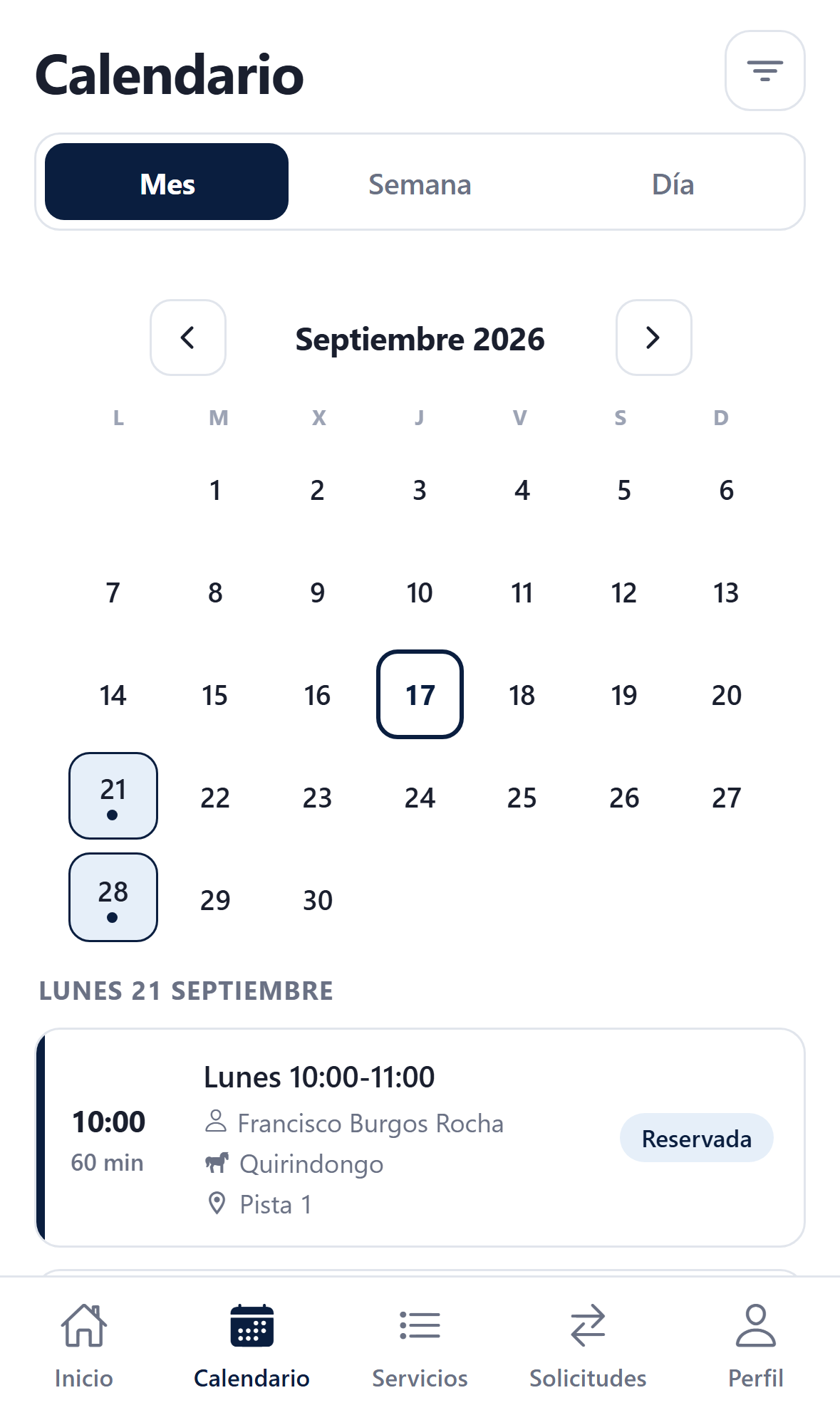 Calendario de clases en la app